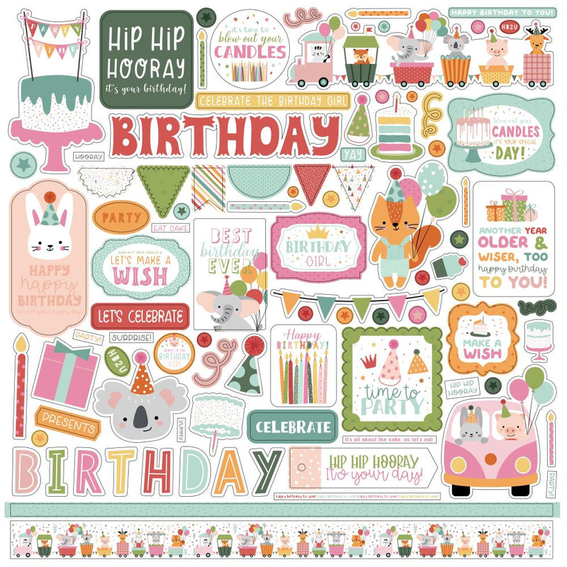 Echo Park A Birthday Wish Girl cardstock stickers 12"x12" (30.5cm x 30.5cm) Elements