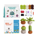 Crochet kit with yarn, hooks, and pattern books on a white background
