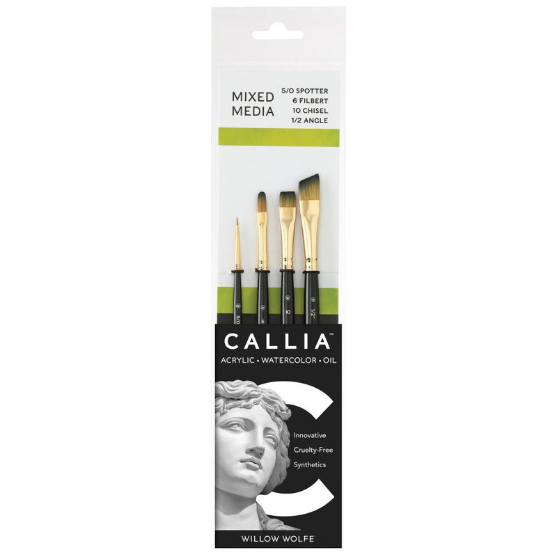 Willow Wolfe Callia Artist Mixed Media Try-It Brush Set Spotter, Filbert, Chisel, Angle*