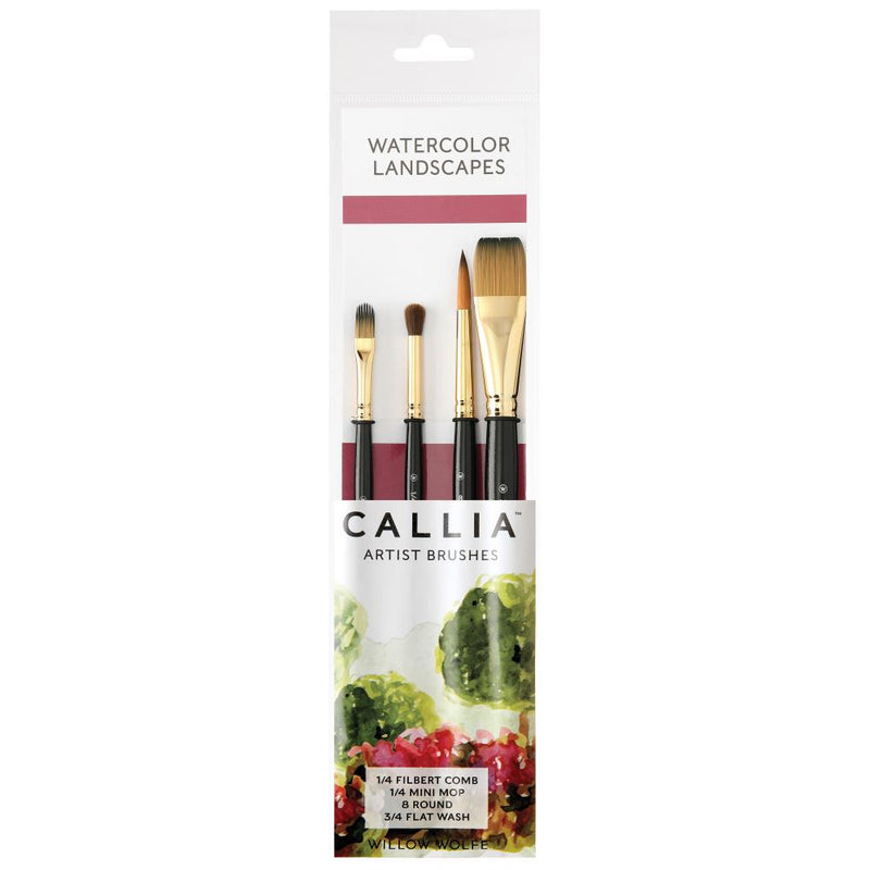 Willow Wolfe Callia Artist Watercolour Landscapes Brush Set Filbert Comb, Mini Mop, Round, Flat Wash*