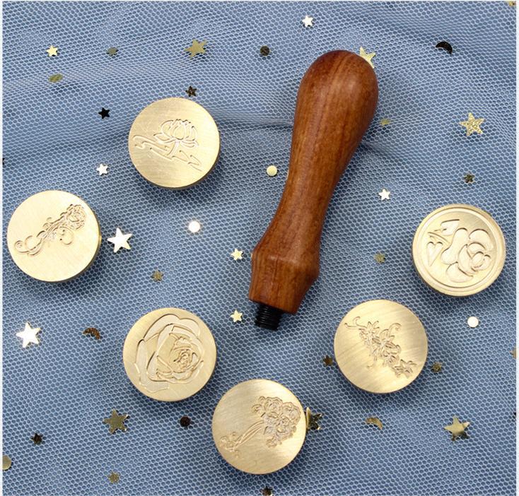 Poppy Crafts Wax Seal Stamp Set Brass Head 6pcs, Wooden Handle