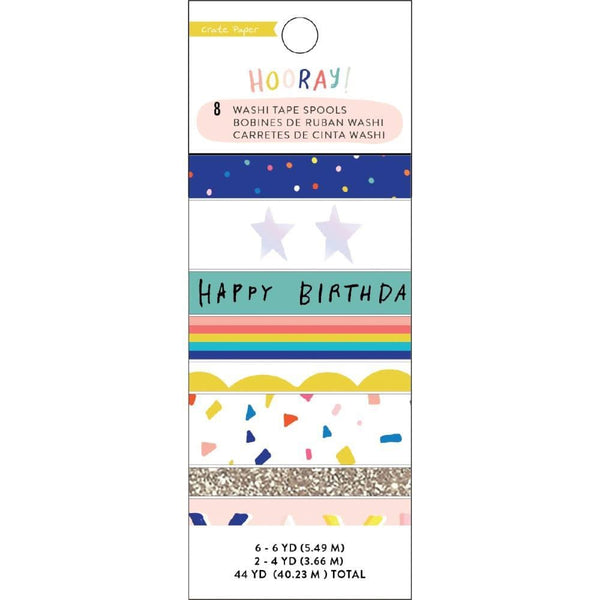 Crate Paper - Hooray Washi Tape 8 pack .25inch To .61inch Wide, 4 To 6 Yards Each