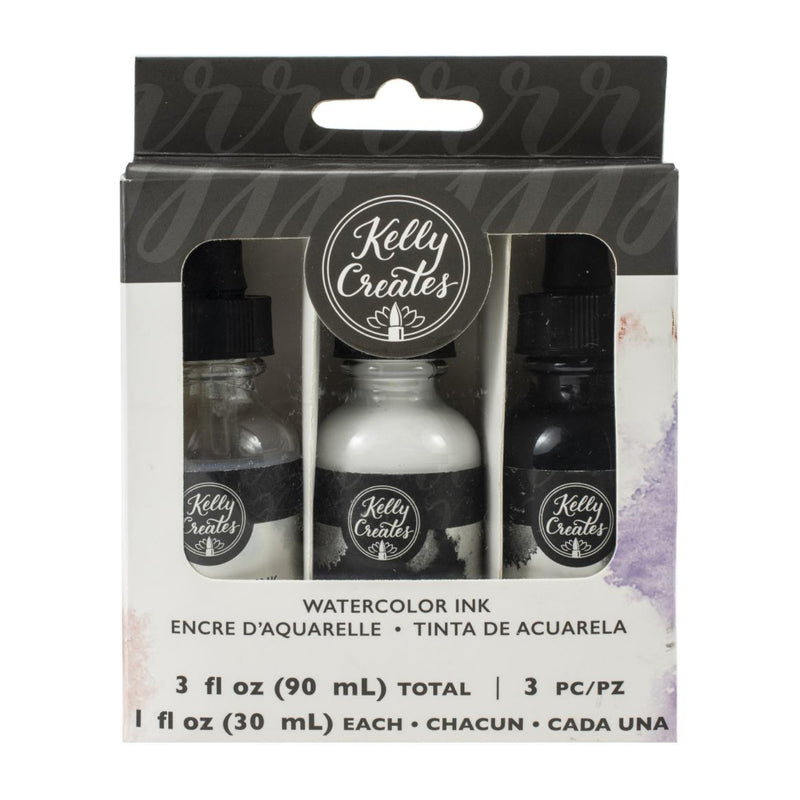 Kelly Creates Liquid Watercolour Set 3/Pkg - Black, White & Iridescent