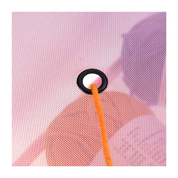 Close-up of a pink mesh bag with an orange drawstring and black knot on a white background.