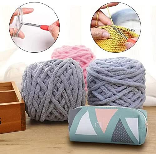 Two balls of yarn with a carrying case on a wooden surface, accompanied by close-up insets of knitting tools.