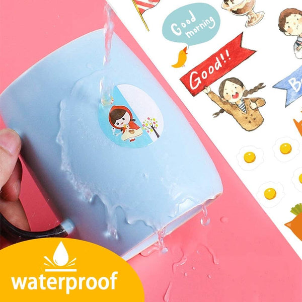 Hand holding a waterproof card with cartoon character, surrounded by colorful stickers on a pink background.