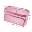 Pink transparent pouch with measurements on a white background