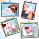 Step-by-step tutorial on creating a card with heart decorations using paper and glue.