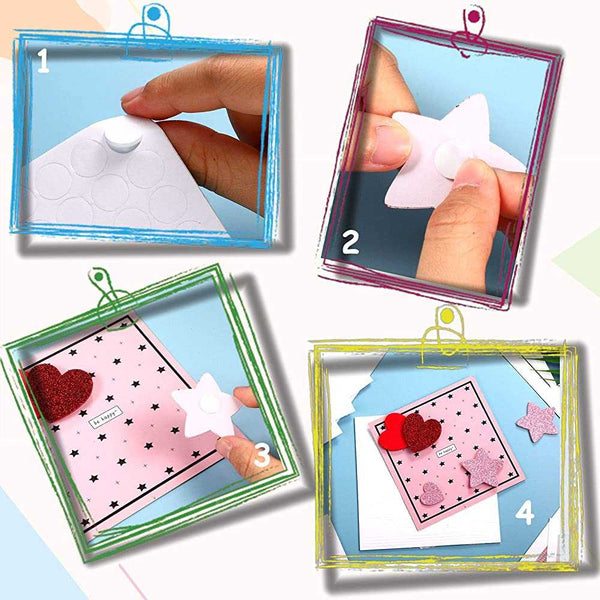 Step-by-step tutorial on creating a card with heart decorations using paper and glue.