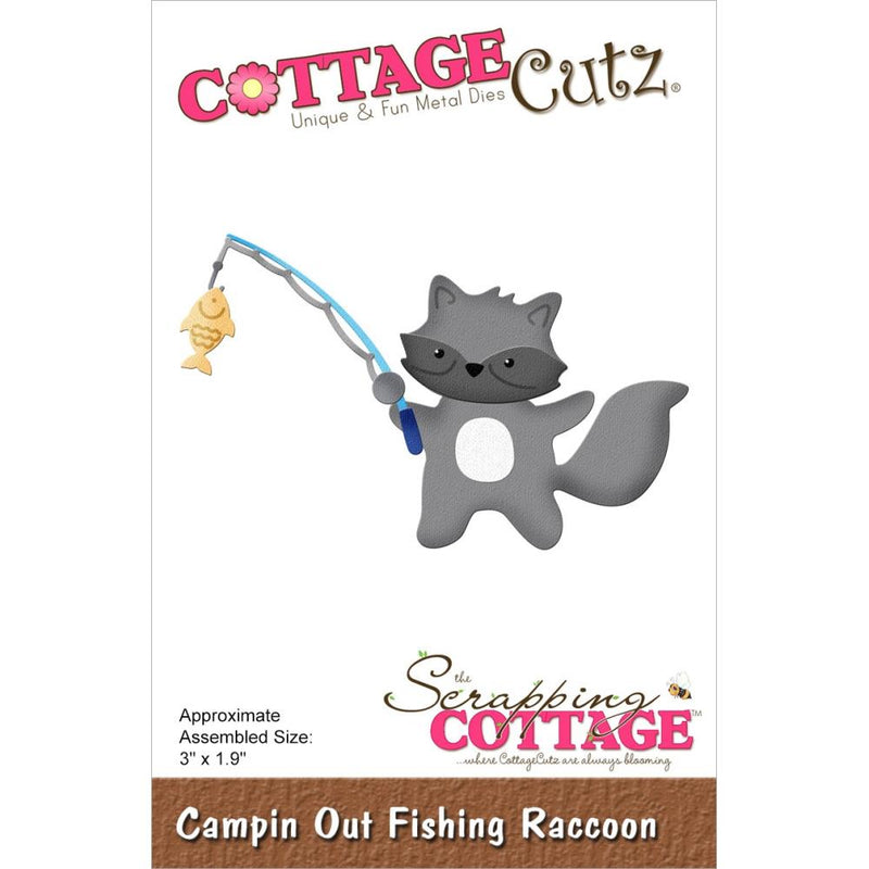 CottageCutz Dies - Campin' Out Fishing Raccoon 3"x 1.9"*