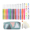 Set of crochet hooks with colorful handles and a carrying case on a white background