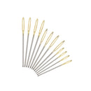 Set of sewing needles with gold and silver colors on a white background