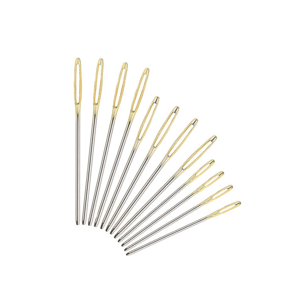 Set of sewing needles with gold and silver colors on a white background