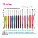 Set of colorful crochet hooks with size markings on a white background