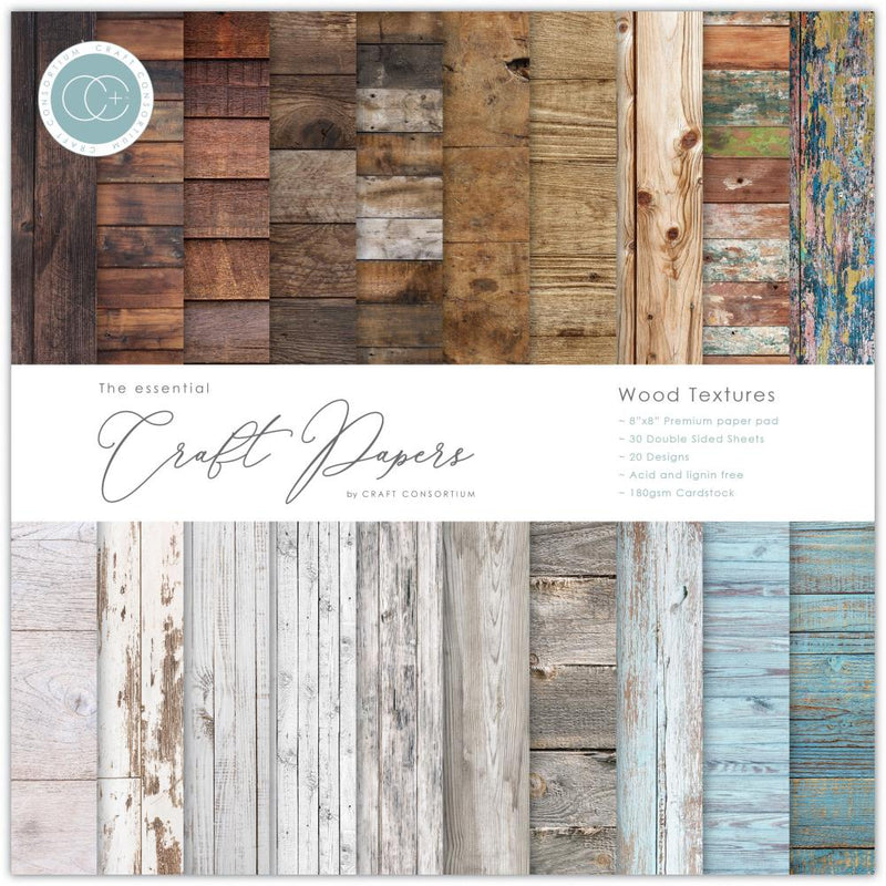 Craft Consortium Double-Sided Paper Pad 8"X8" 30 pack Wood Textures, 20 Designs