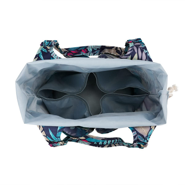 Clear drawstring bag with floral straps containing gray items on a white background