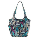 Tote bag with a colorful leaf pattern on a white background