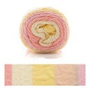 Ball of yarn with a color swatch below on a white background