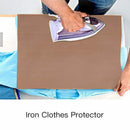 Person ironing a garment on a brown ironing board with text 'Iron Clothes Protector'.