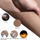 Close-up of a person wearing beige tights with text and icons highlighting features like thickness, waterproofness, cutability, washability, and heat resistance.
