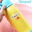 Yellow waterproof bag with a blue top being held and water being poured onto it, with 'Welcome' branding.