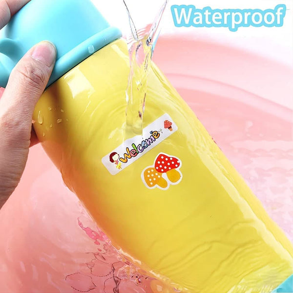 Yellow waterproof bag with a blue top being held and water being poured onto it, with 'Welcome' branding.